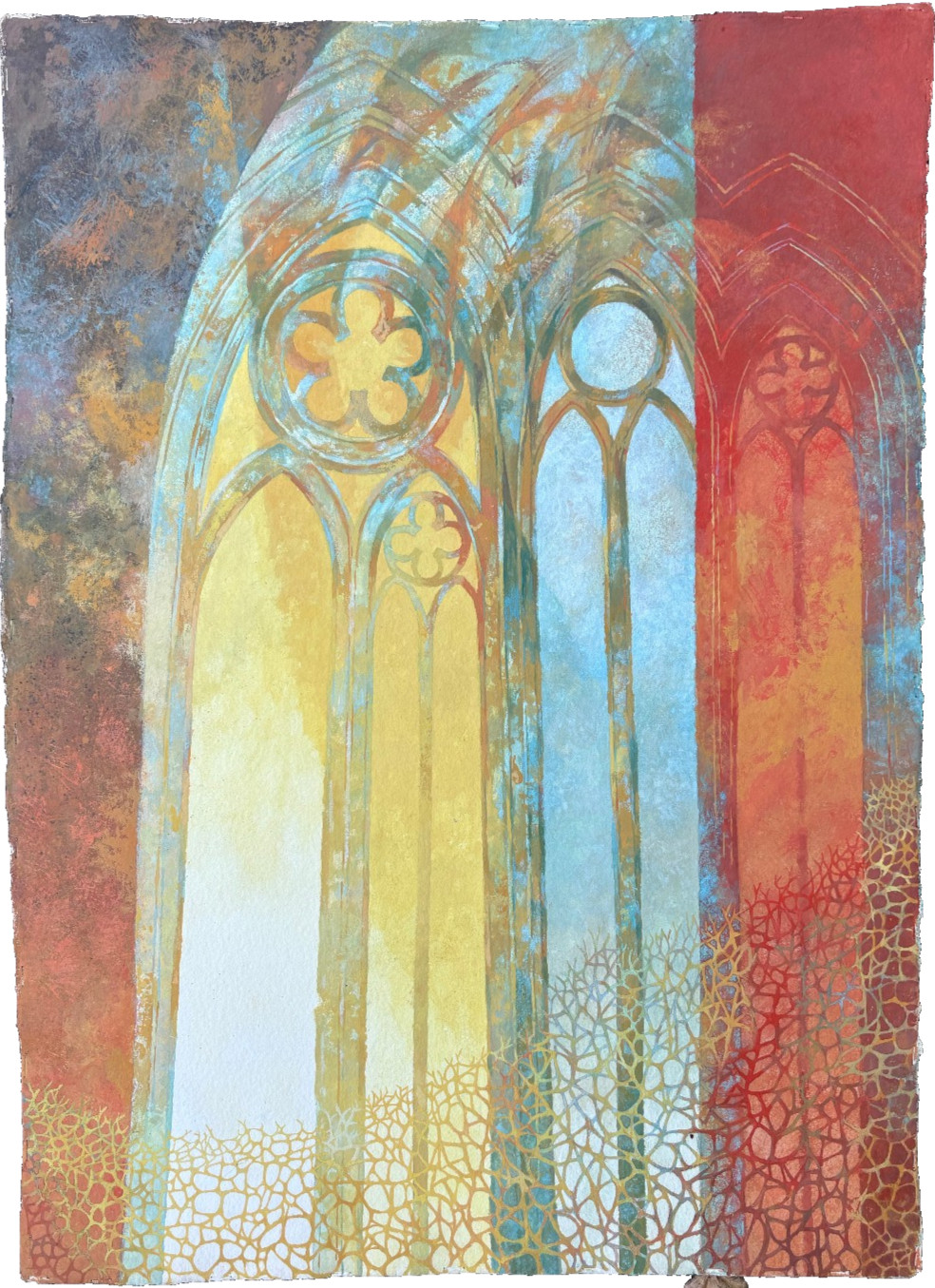Cathedral Window 17″ x 13 1/2″ Casein Painting-1970s-William Gorman