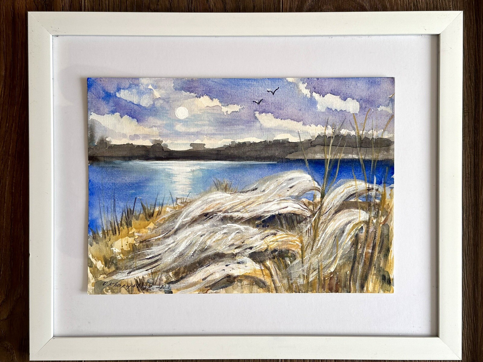 Original watercolour Spring landscape with trees and river reflection of clouds