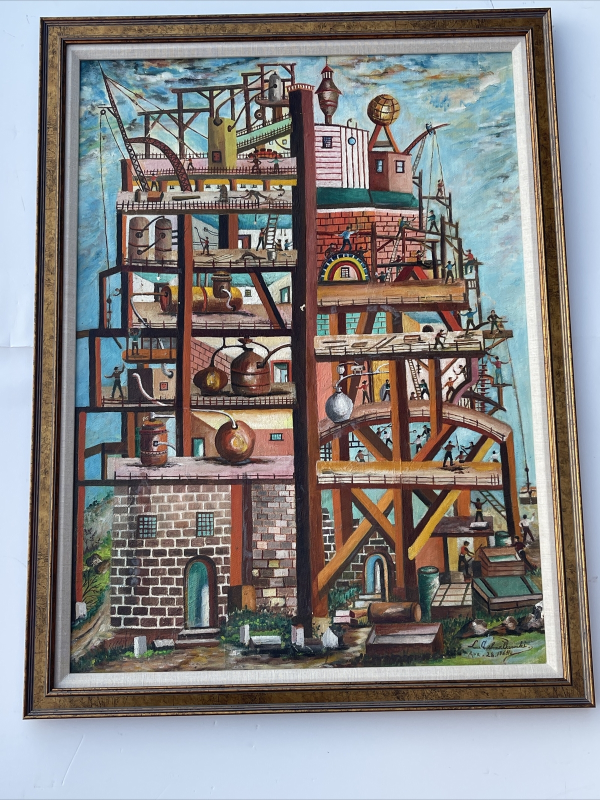 Vintage Industrial Painting Construction Workers Factory Urban Modernism Listed