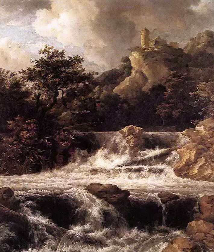 Oil painting jacob van ruisdael – waterfall with castle built on the rock canvas
