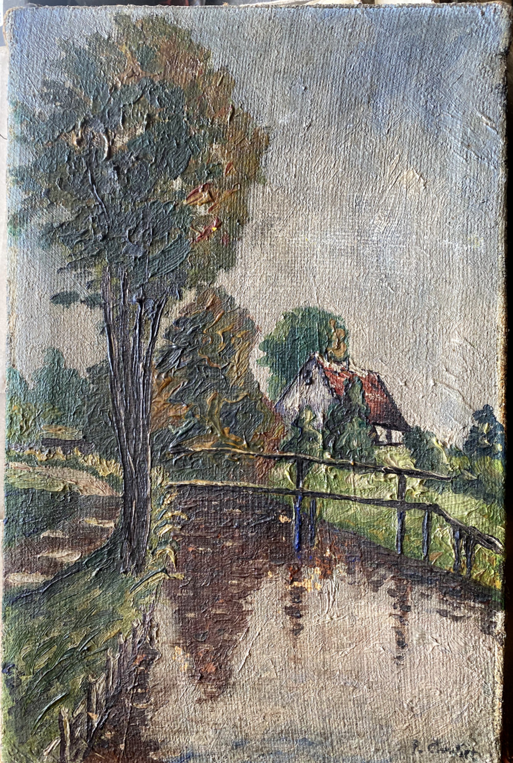 Oil Painting Landscape Lake Shore Trees Signed Home Village Antique Water Bridge