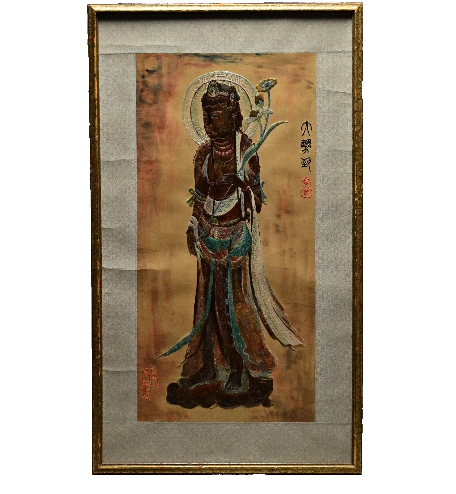 Chinese Antique Original Vintage Signed Asian Buddha Silk Scroll Brush Painting