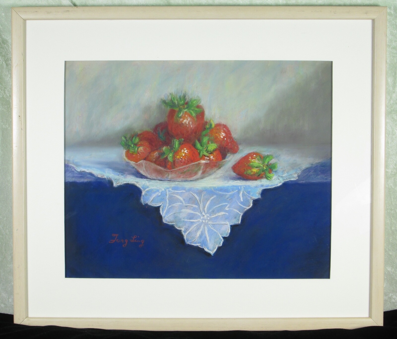 Fong Ling Pastel Painting Drawing Strawberries in Bowl Framed 19 W 16-1/2in Tall
