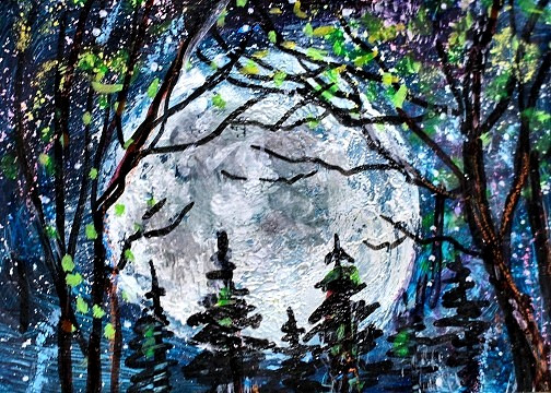ACEO Original PAINTING Spring TREE Star Night FULL MOON Nature Skyscape ATC ART