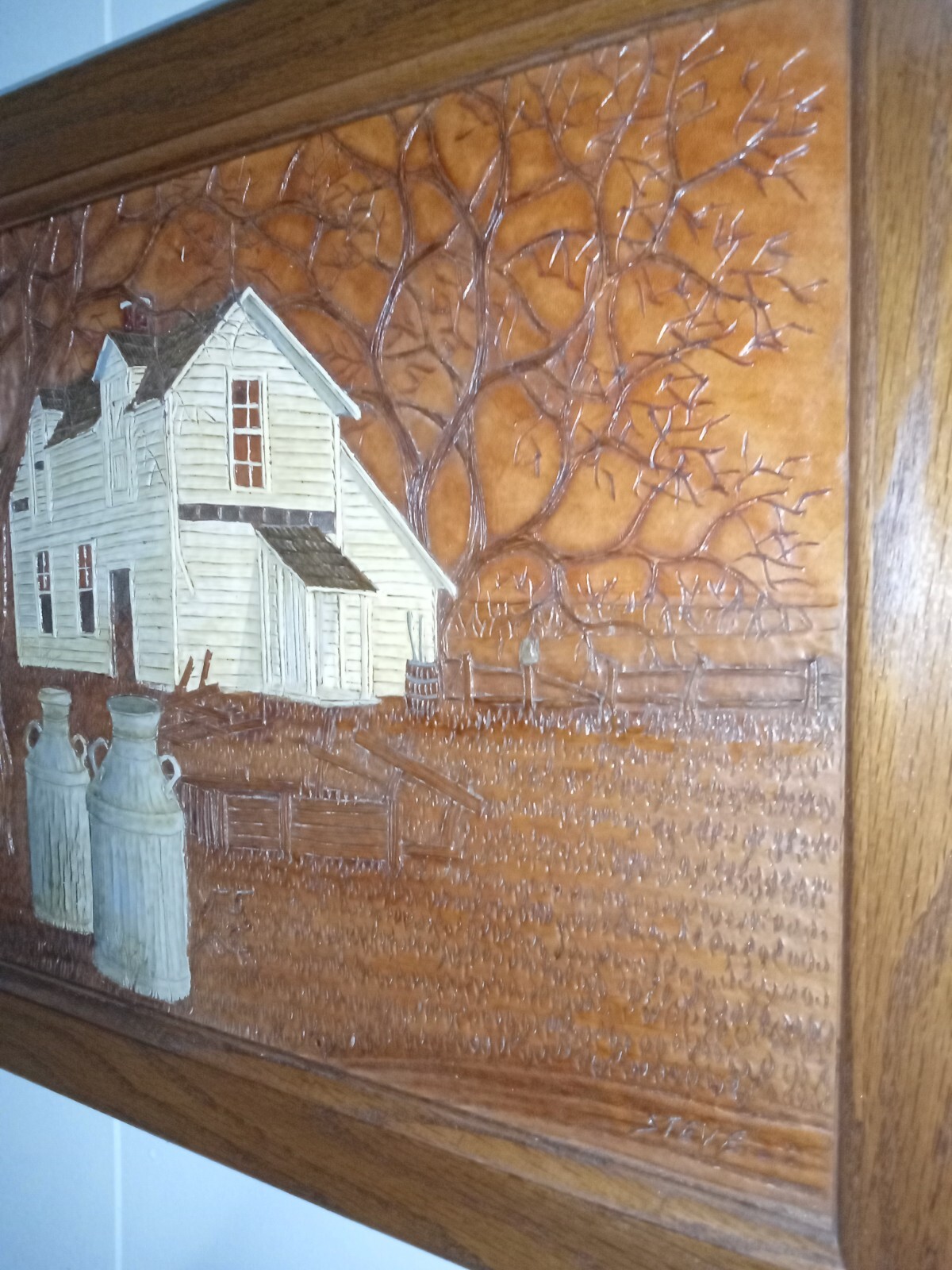 Orig. Stephen Brown Leather Scenes Hand Tooled Leather Art, Signed, Farm Scene