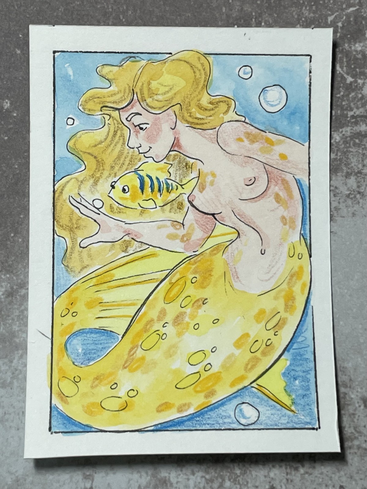 ACEO original ink and watercolor «Yellow Mermaid», 2.5″ x 3.5″