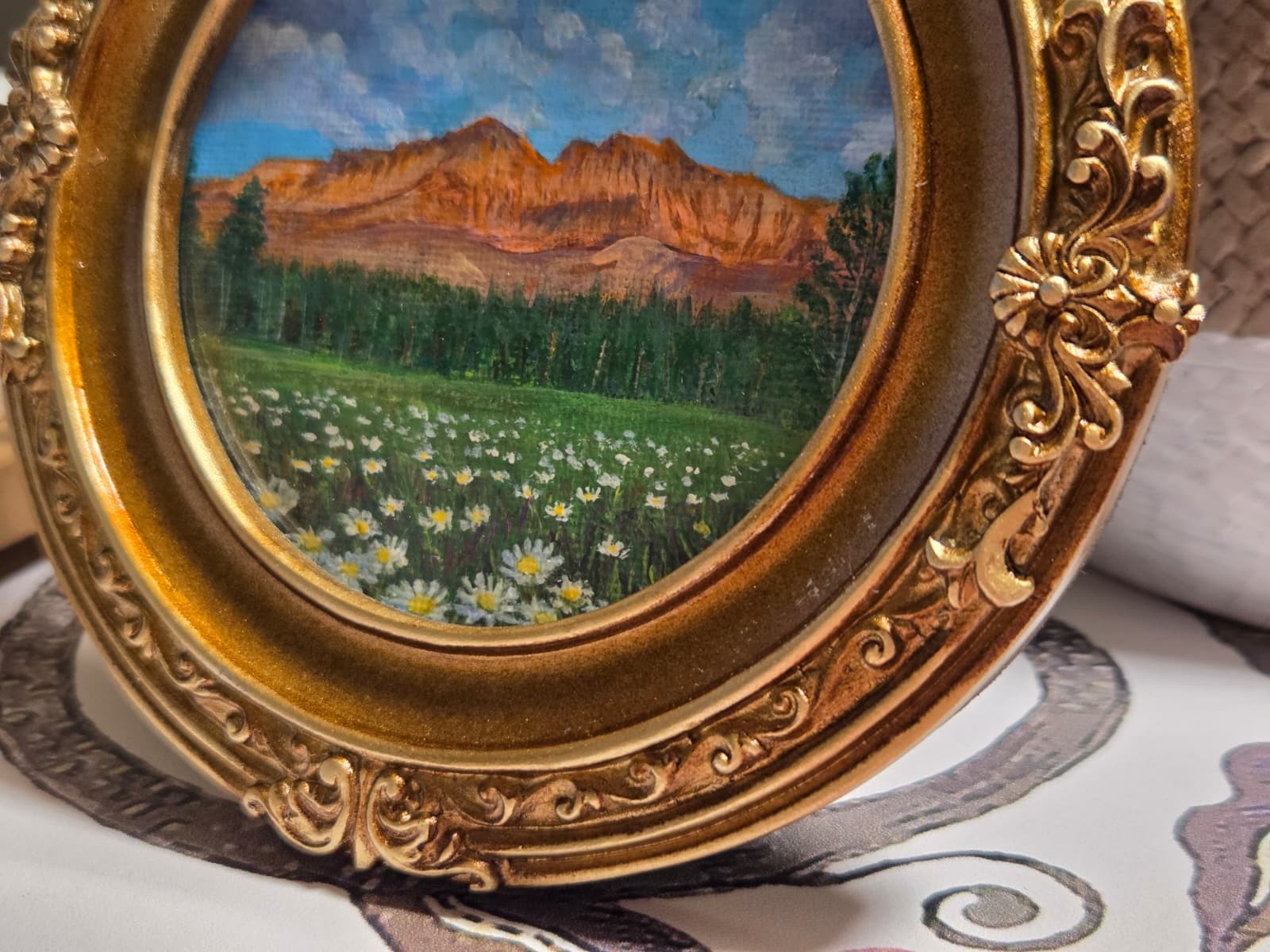 Original Mountain Flowers Landscape Painting 5.5×5.5 in Gold New Frame Wall Deco
