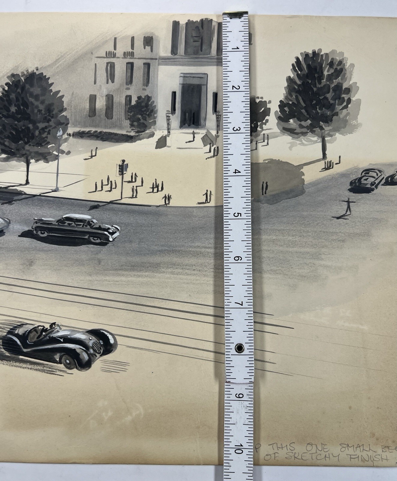 Postwar Ink & Wash Painting City Scene with Classic Cars 10×15” Illustration Art