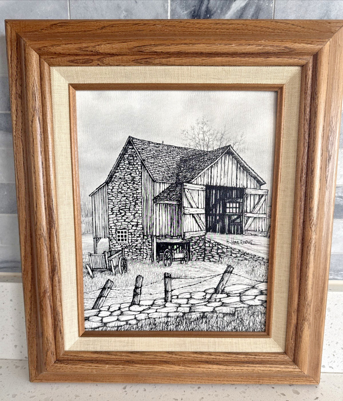H. Hargrove oil painting barn farm signed front & back black white framed