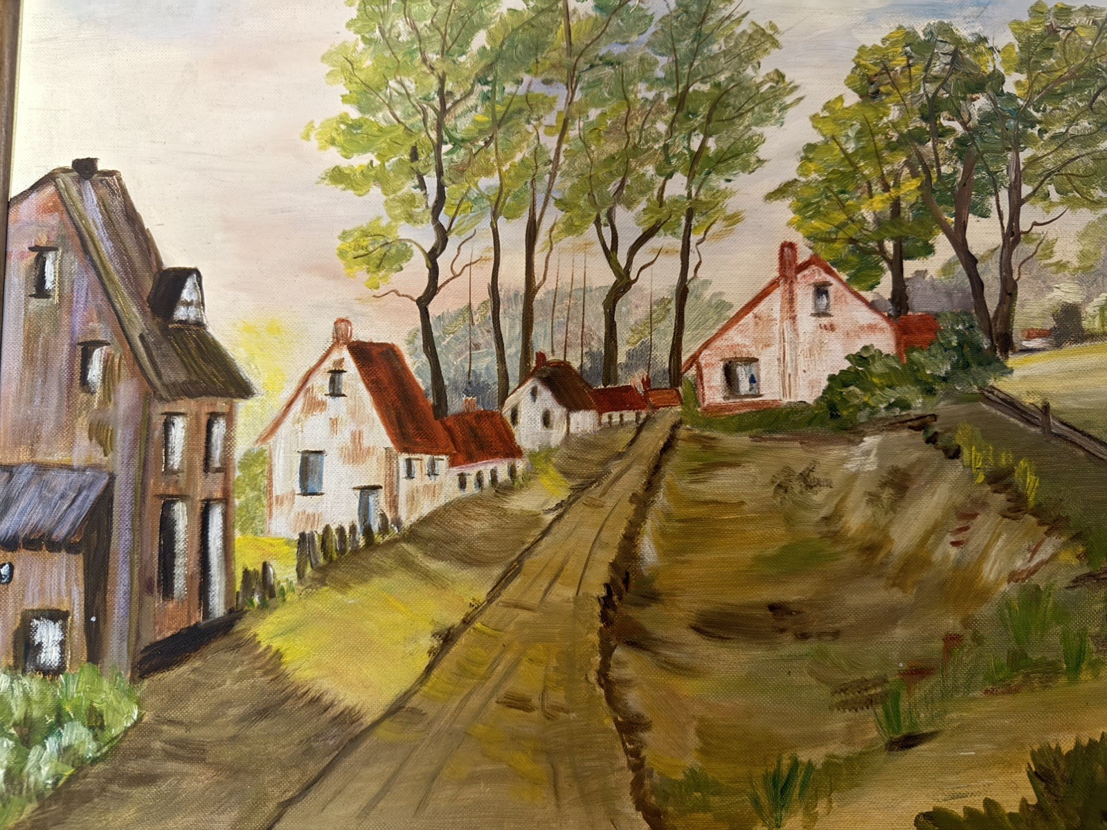 Spring Country Road Landscape, Original Vintage Painting – Lancaster County PA