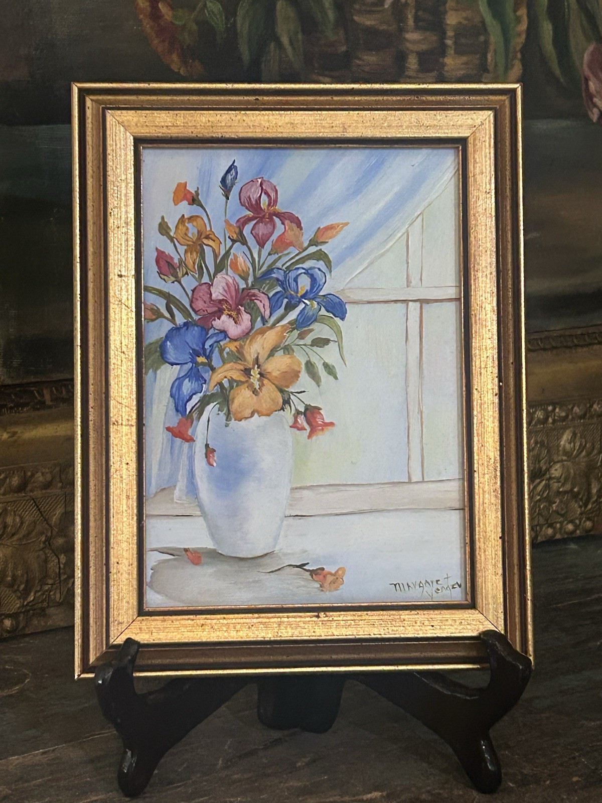 Signed Original Still Life Floral Flowers Painting On Board 8.5” X 6.5”