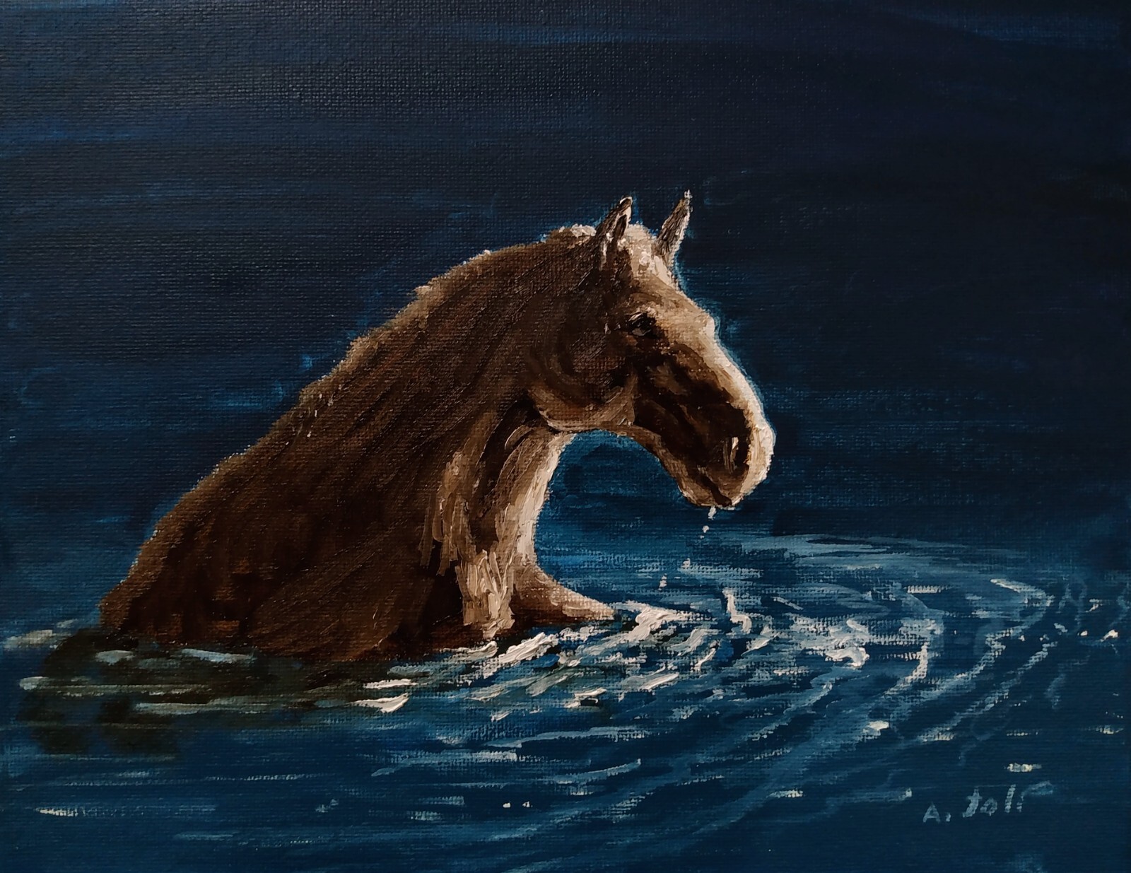 Oil Painting Horse Swimming Sunrise Lake Water Animal Art by A. Joli