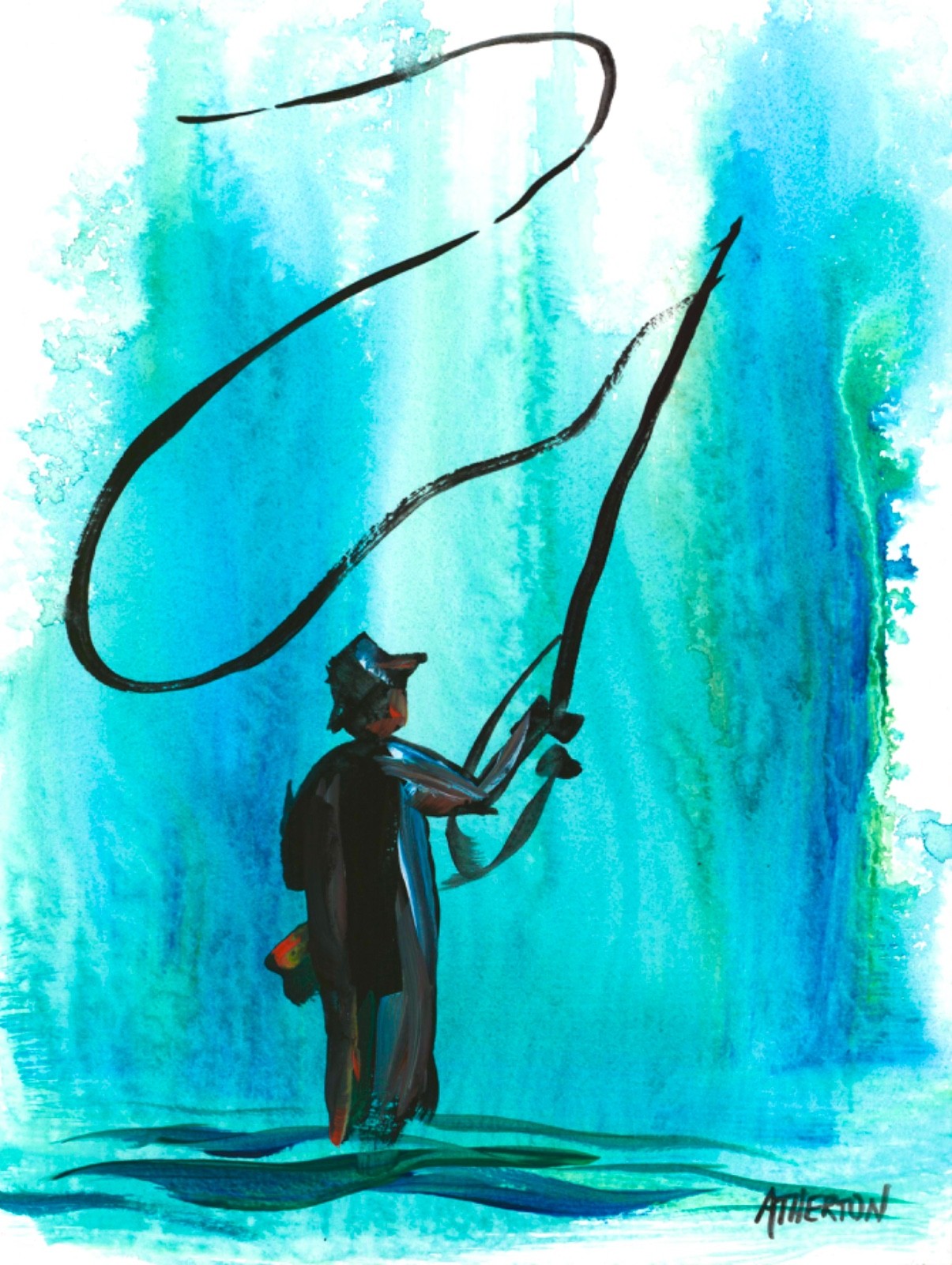 Original 9×12 Fly Fisherman Painting Western Art Abstract Trout Fishing Artwork