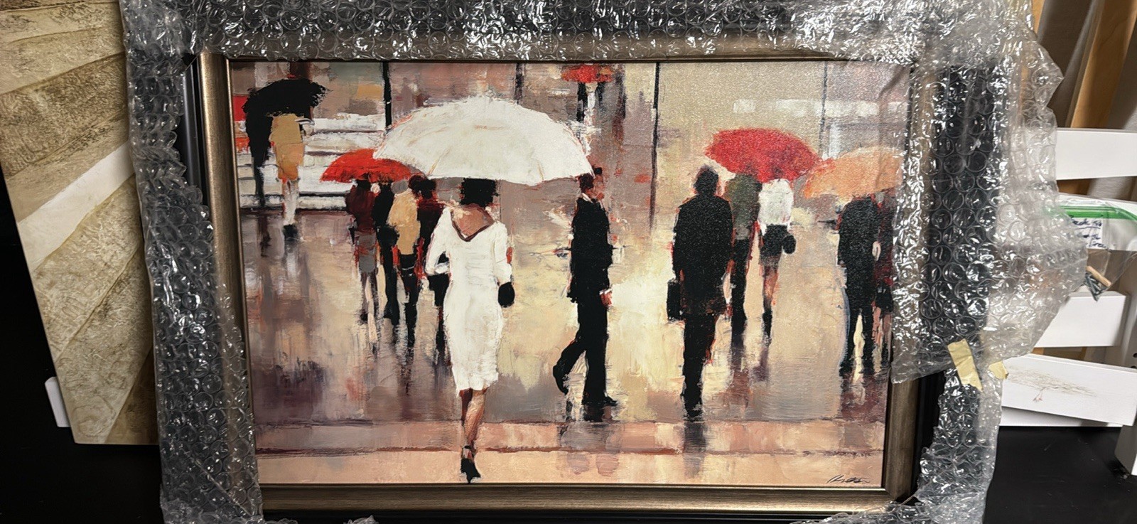 Modern Impressionist City Street Umbrella Scene Oil Painting, Framed Canvas