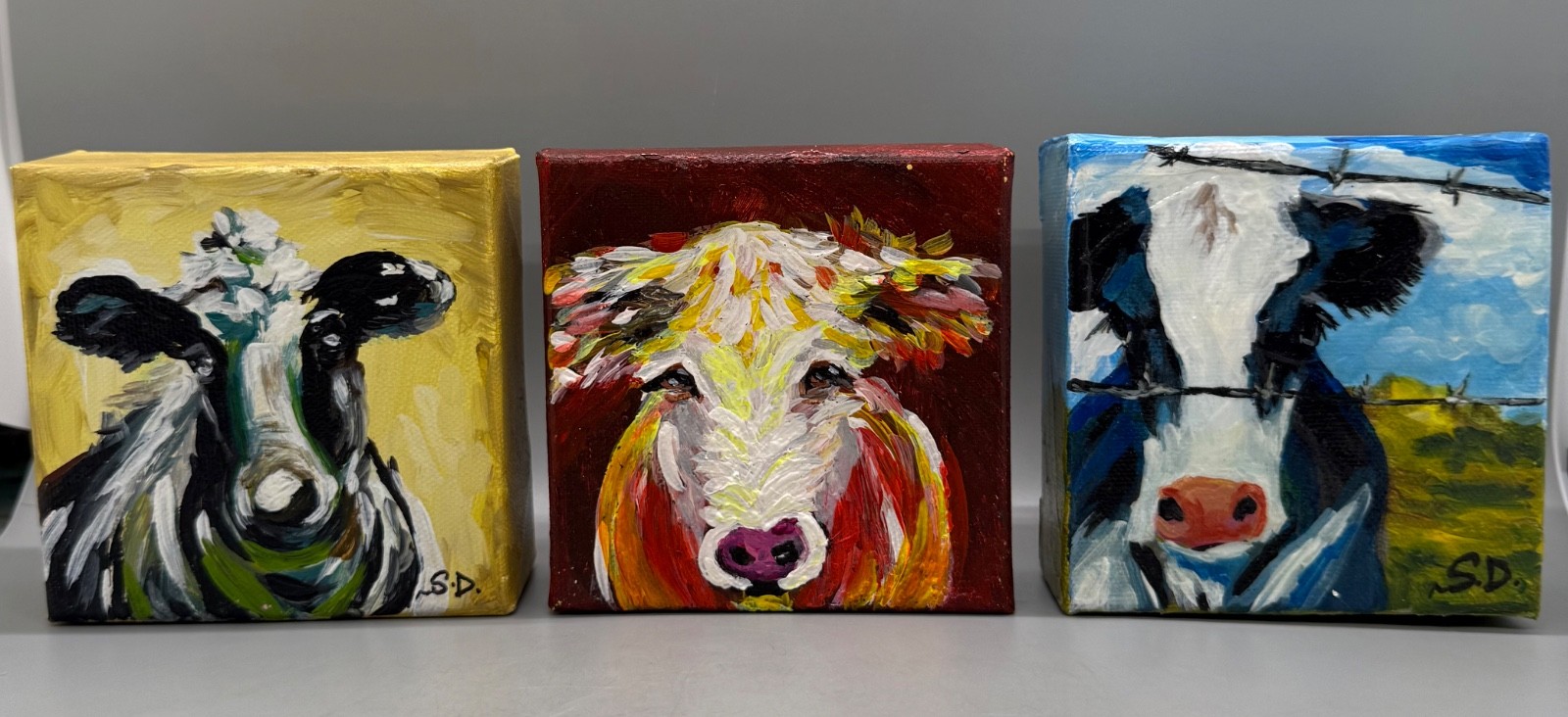 ORIGINAL ACRYLIC PAINTING AMERICAN FOLK ART FARM COUNTRY SHEEP, COW