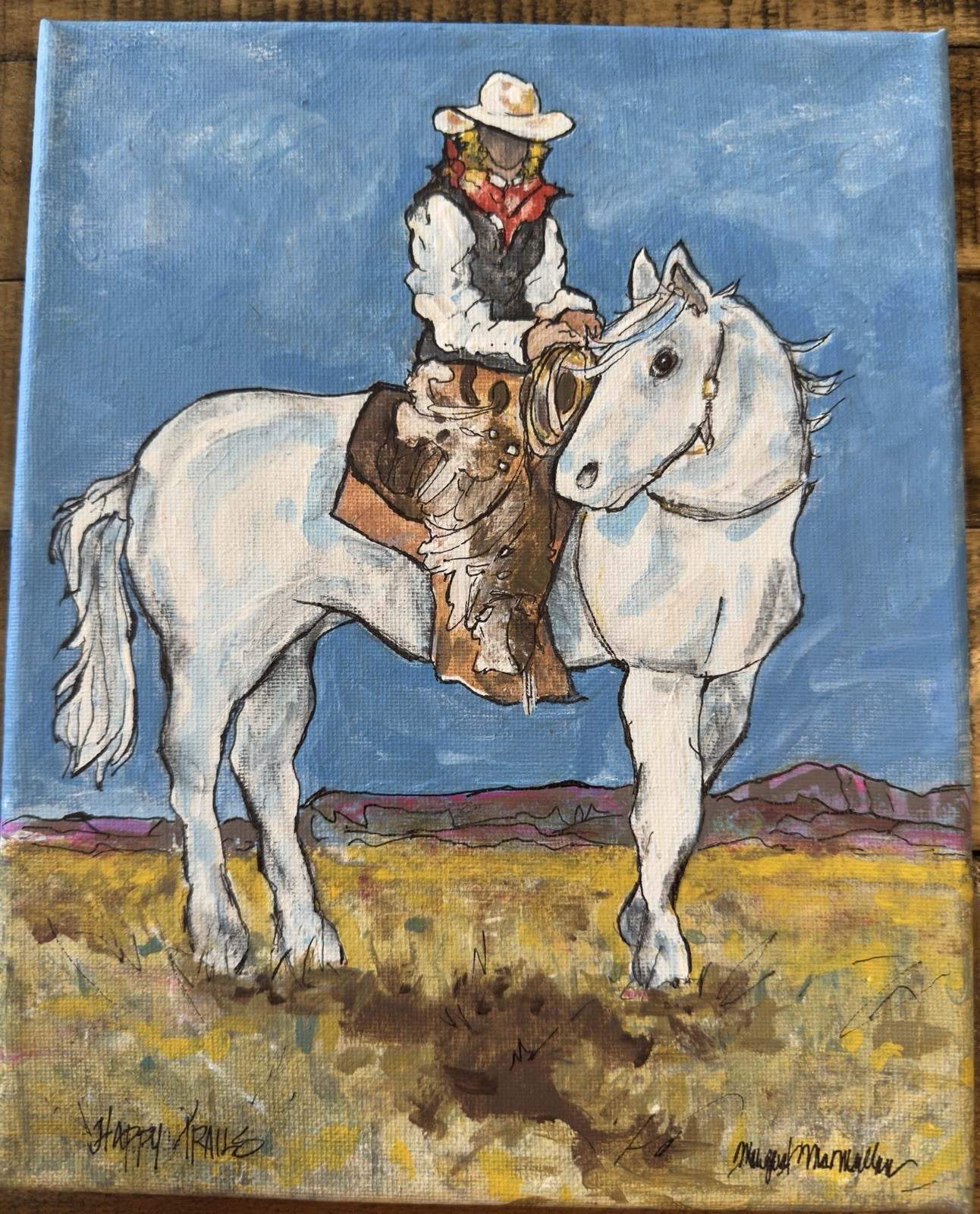 Original Acrylic on Canvas “Happy Trails” – Cowboy on White Horse Painting 8×10