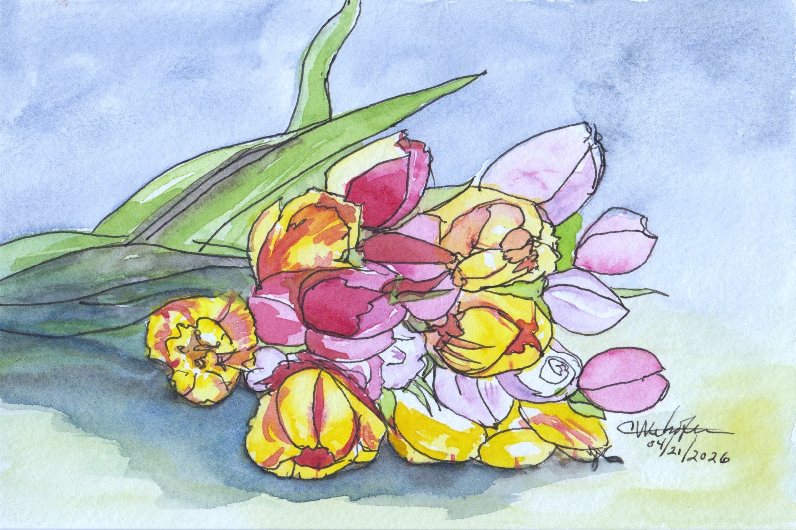 Original Signed Watercolor 9 x 6″ Tulips Bouquet Floral Cheryl Wehofer