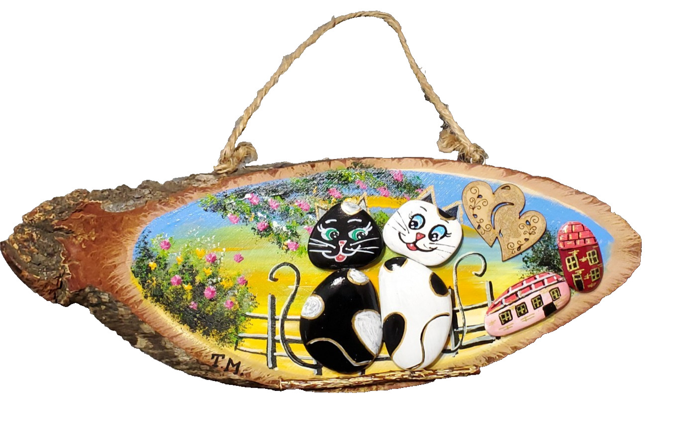 2 Cat Painting on Stone Signed T.M. Stone and Wood Art