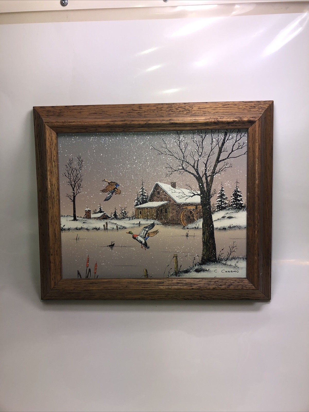 Vtg C Carson oil painting landscape rural winter flying ducks signed framed-VV