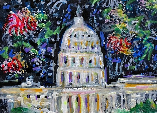 ACEO Original PAINTING Washington DC FIREWORKS Night Building Landscape ATC ART