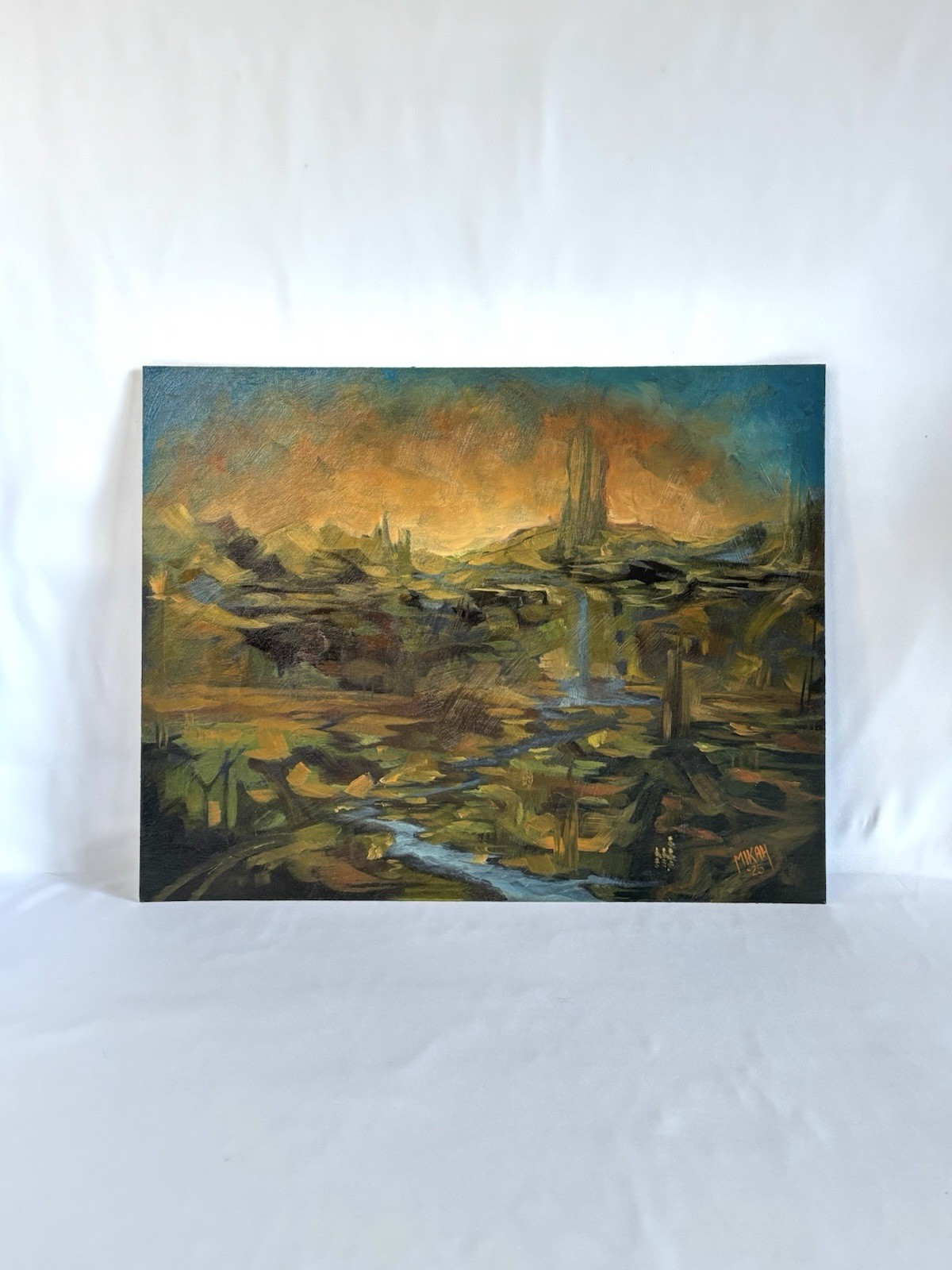 Original Art Painting Fantasy Landscape Water Nature Fairy Cottage Forest Mikah