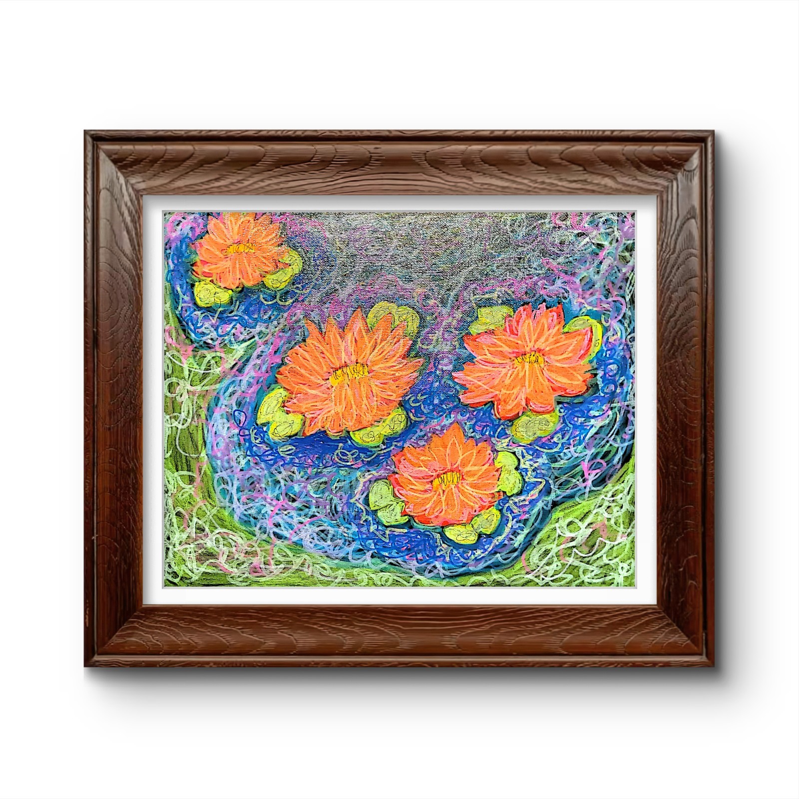 Colorful Water Lily Pond Painting Original Acrylic Floral Impressionist.
