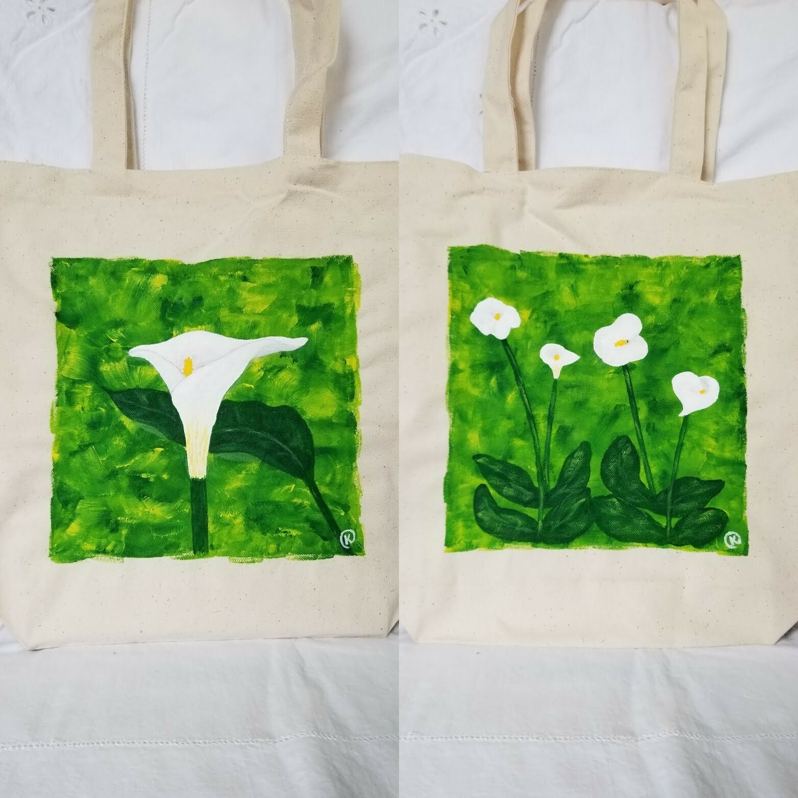 acrylic hand painted medium/large canvas tote, original design, canna lily