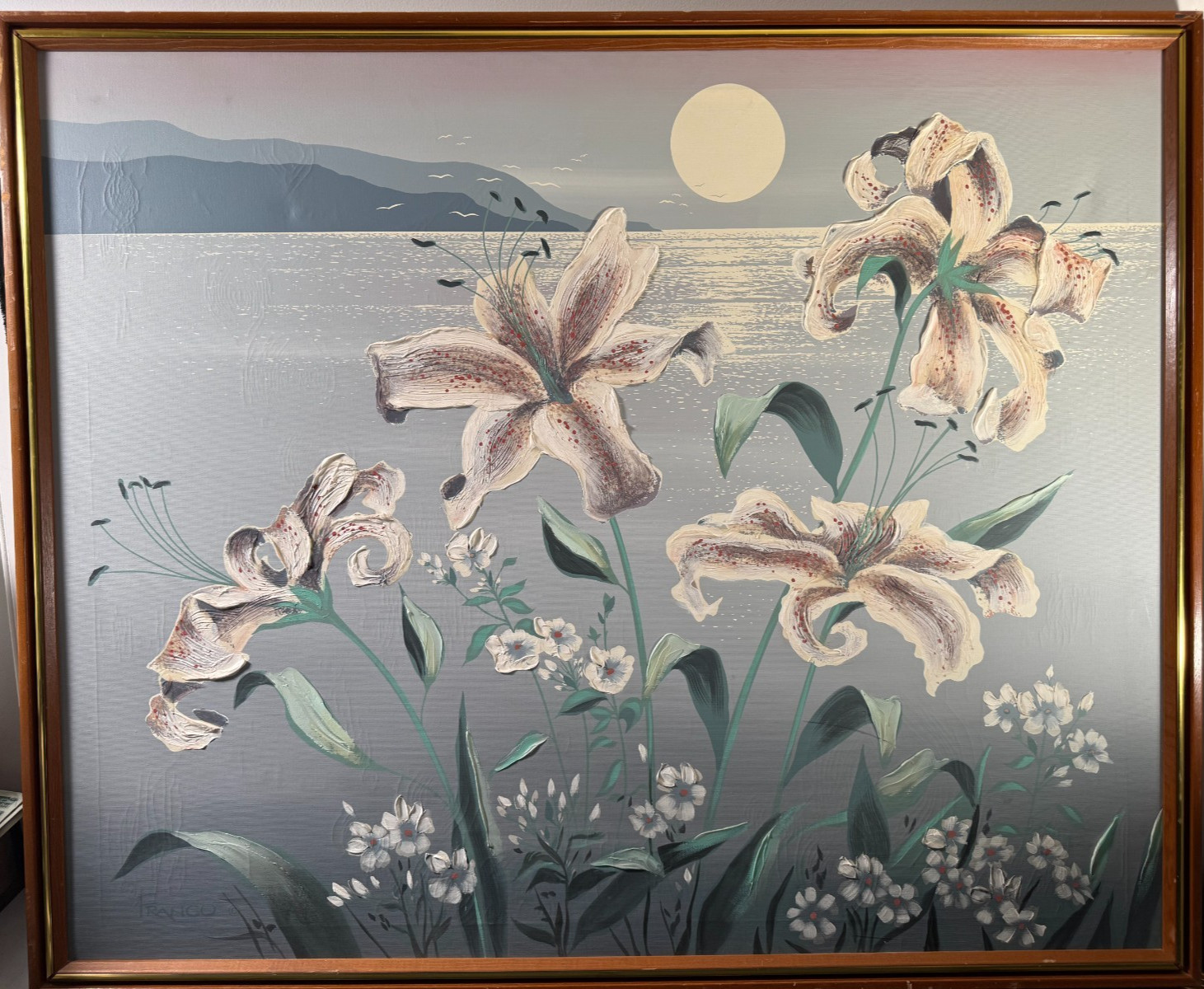 1970/80s Original Oil Painting by Franco, White Lilies in the Moonlight (AS1)