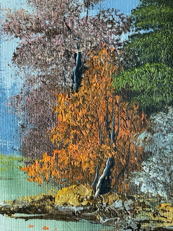 vtg original oil painting on board 8″ x 10″ framed matted landscape signed