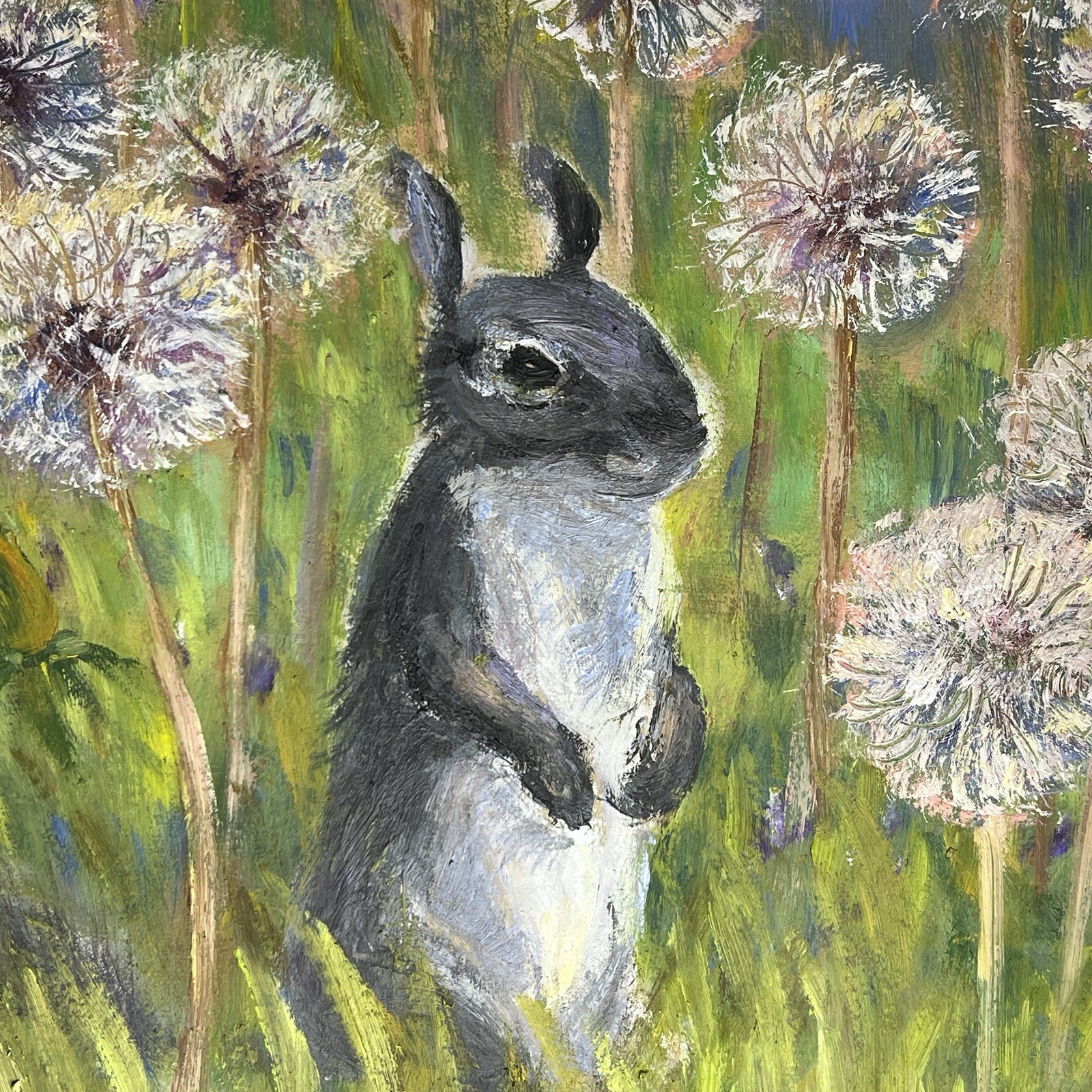 Hand Painted Squirrel Dandelions Wall Art 12×12 Animal Oil Painting On Cardboard