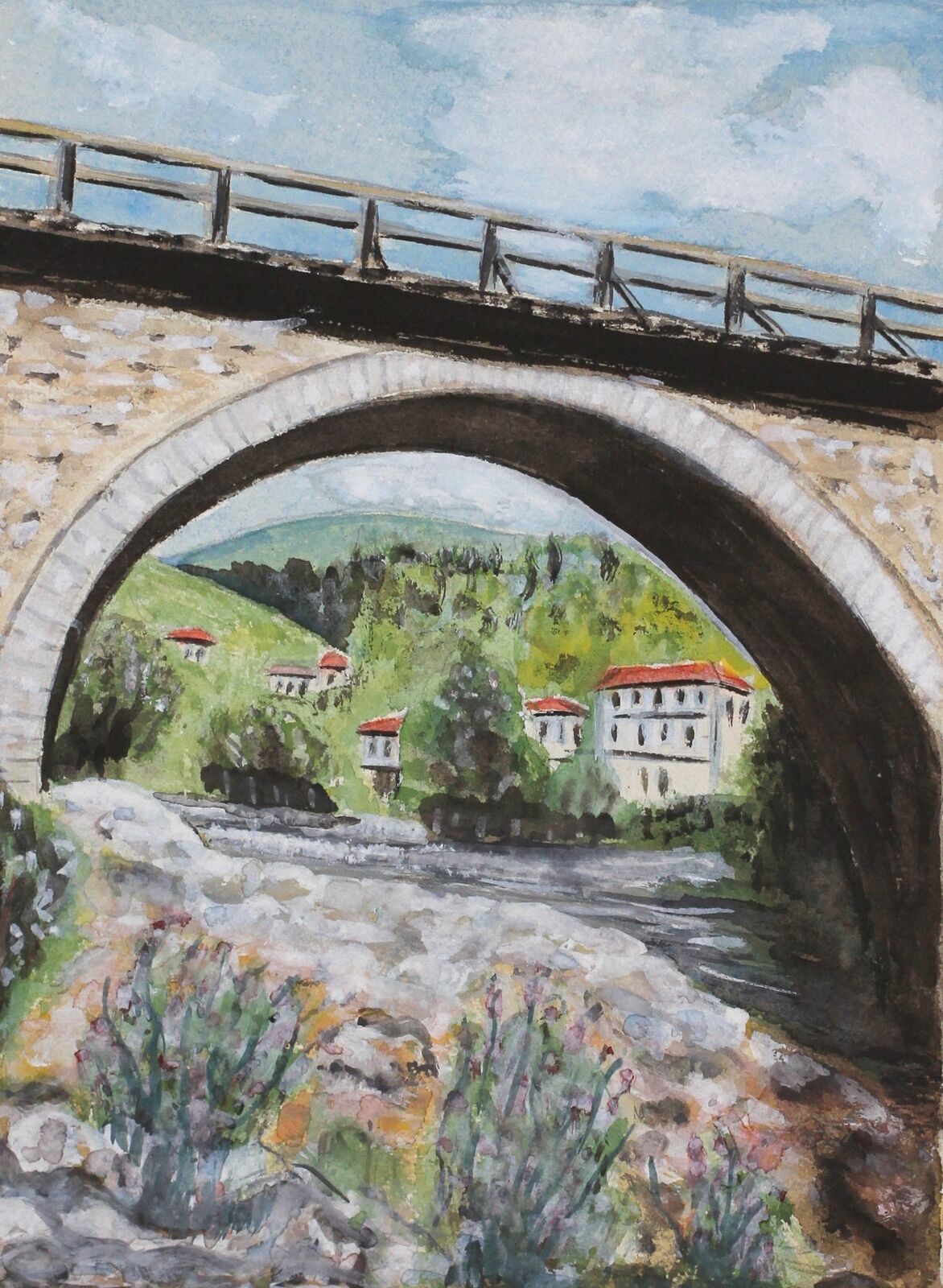 Vintage watercolour painting bridge by the mountain town landscape