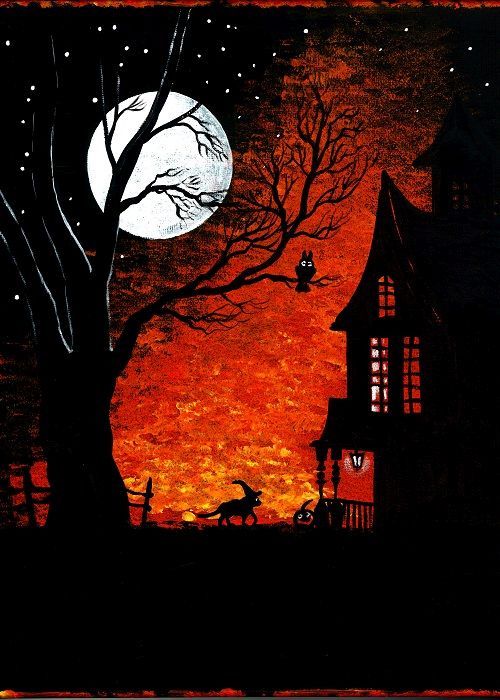 5×7 HALLOWEEN print of PAINTING RYTA WITCH BLACK CAT MOON FOLK ART landscape 🎃