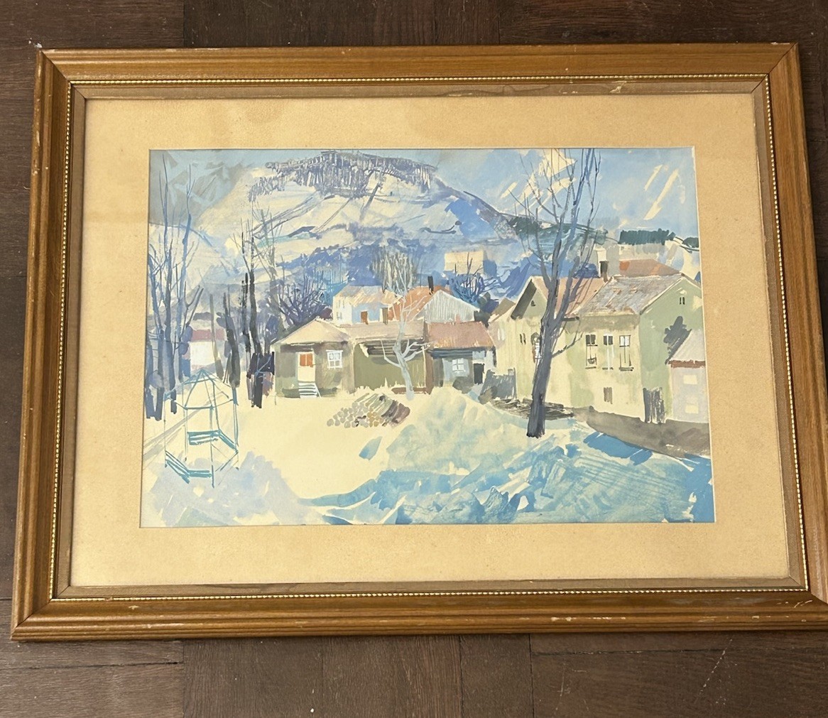 Vintage MCM Landscape Winter Scene Watercolor Painting Mid Century Modern Art