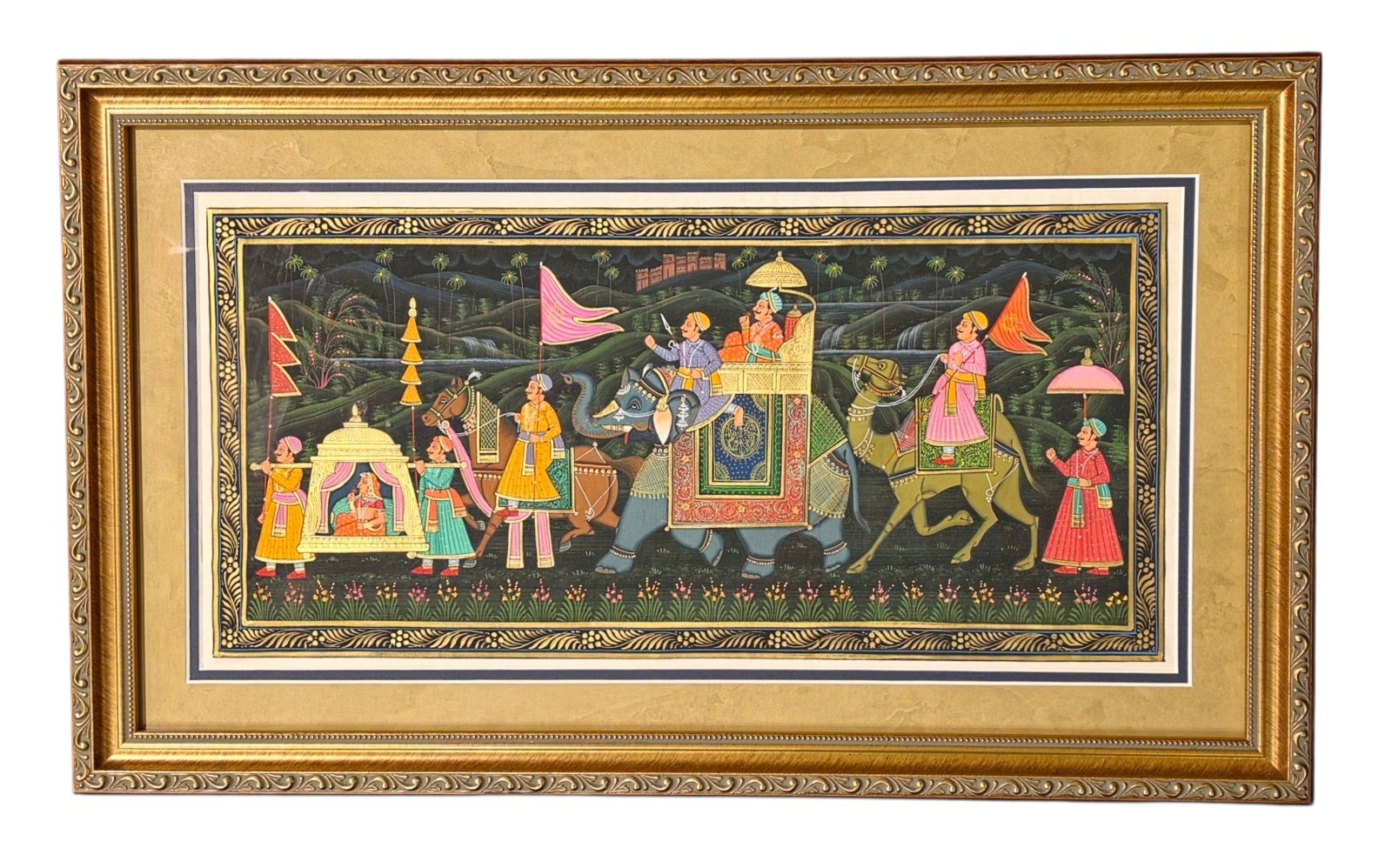 Vintage Indian Miniature Painting Royal Procession Elephant Camel Framed Art
