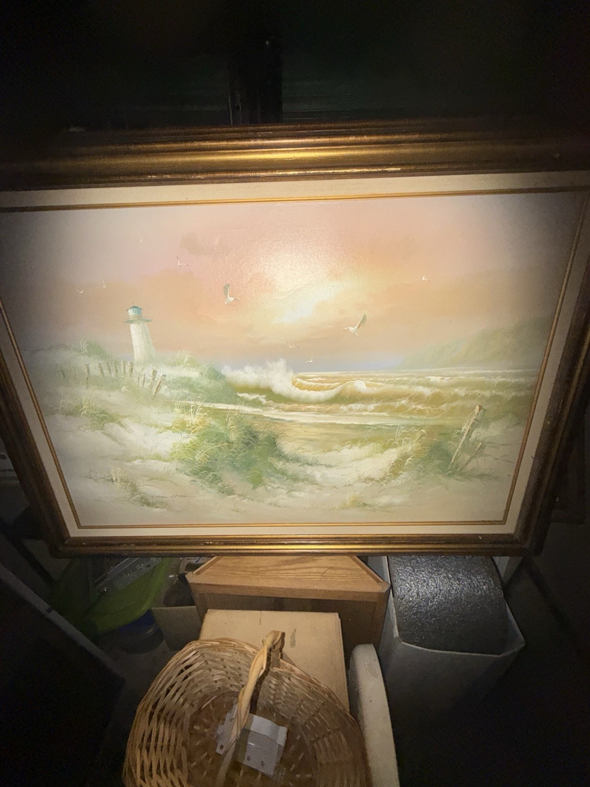 original canvas painting vintage Of Seascape Signed By B Thompson 24×34 Inch