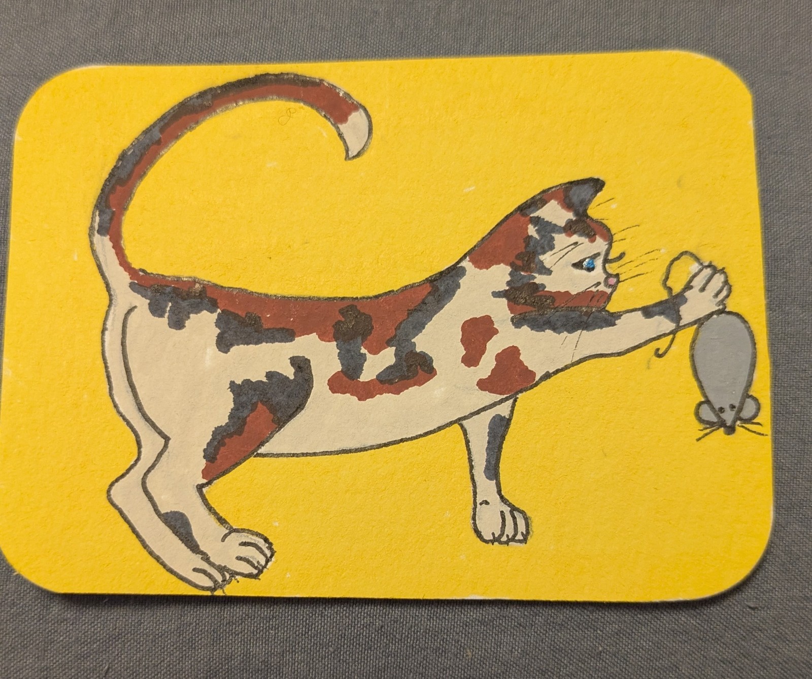 ACEO Cat Series, «Roxy» OOAK painting original handdrawn Calico Cat Mouse