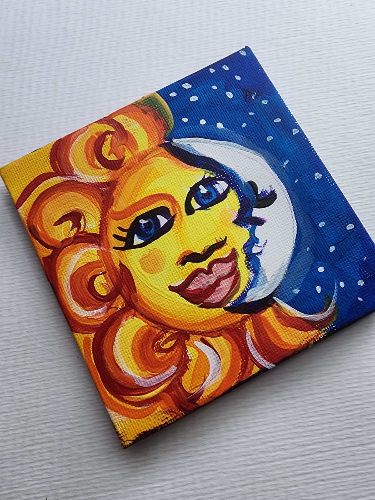 Original Acrylic celestial moon with easel 4 x 4 Signed on canvas miniature