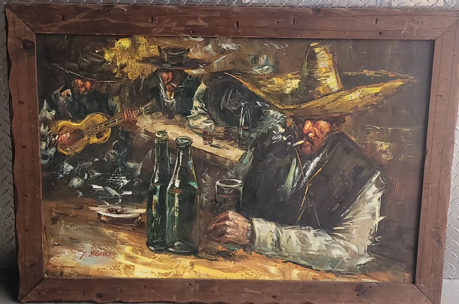 VINTAGE OIL ON CANVAS PAINTING SIGNED BY F. DRESSEN MEXICAN BAR SCENERY 28X41″