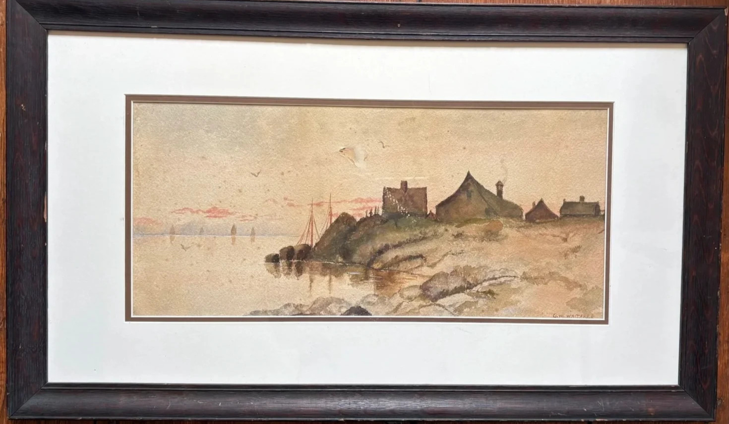 George W. Whitaker Watercolor Harbor Landscape Signed Framed Painting Coastal