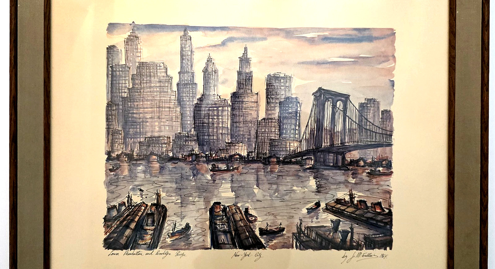 Vintage J.M. Gallais 1964 Signed Print New York City Harbor Skyline Mid Century