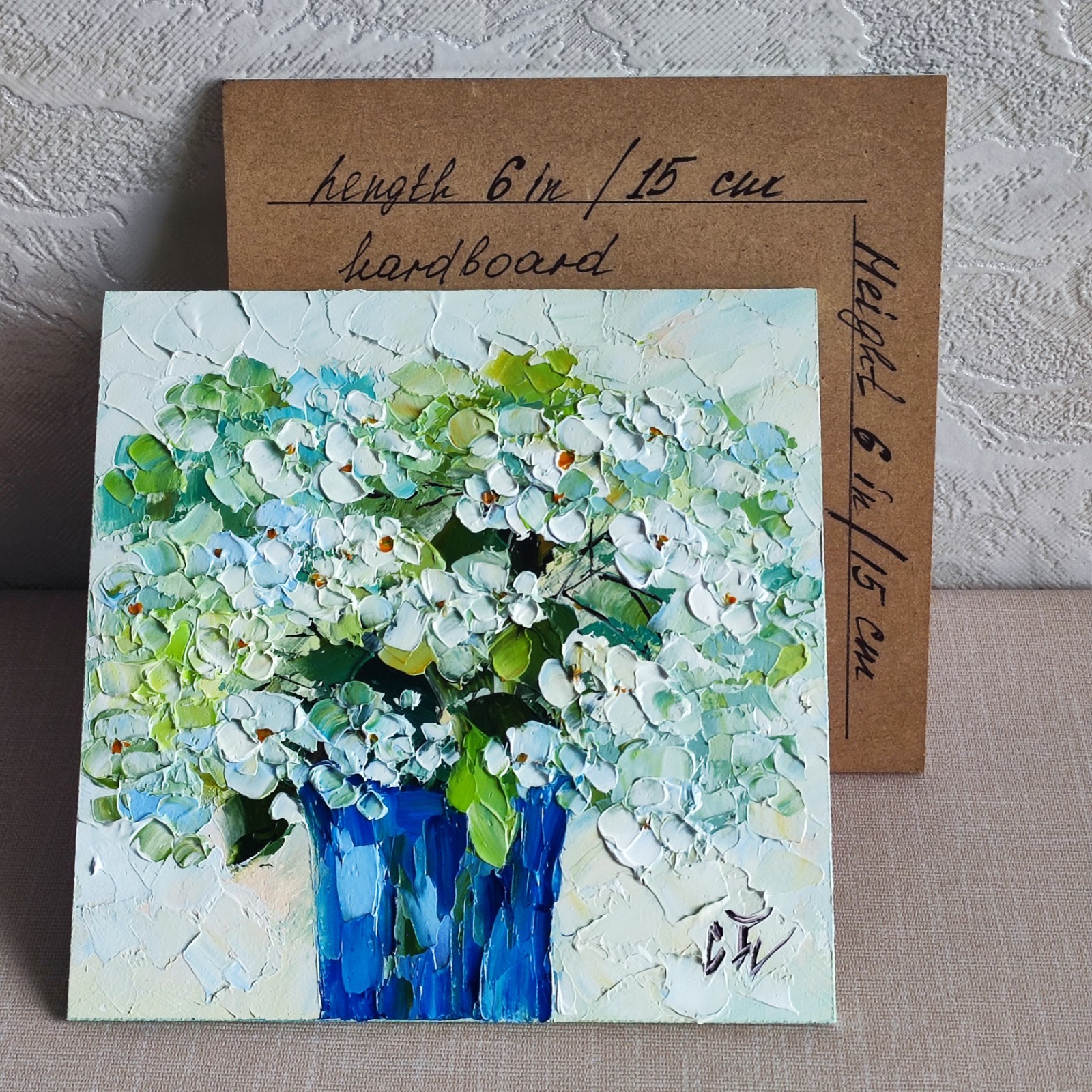 original oil painting Hydrangea white flowers artwork Floral wall art 6*6 in