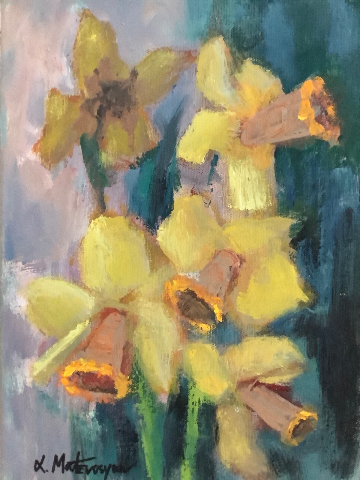 Original Impressionism Oil Painting 12”x9”;Floral Daffodils Signed