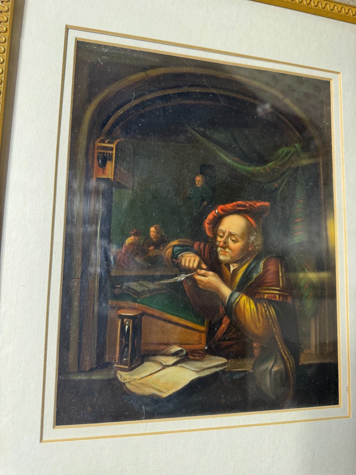 Stunning Antique «Man Sharpening Quill Pen» Oil On Metal Painting – Framed