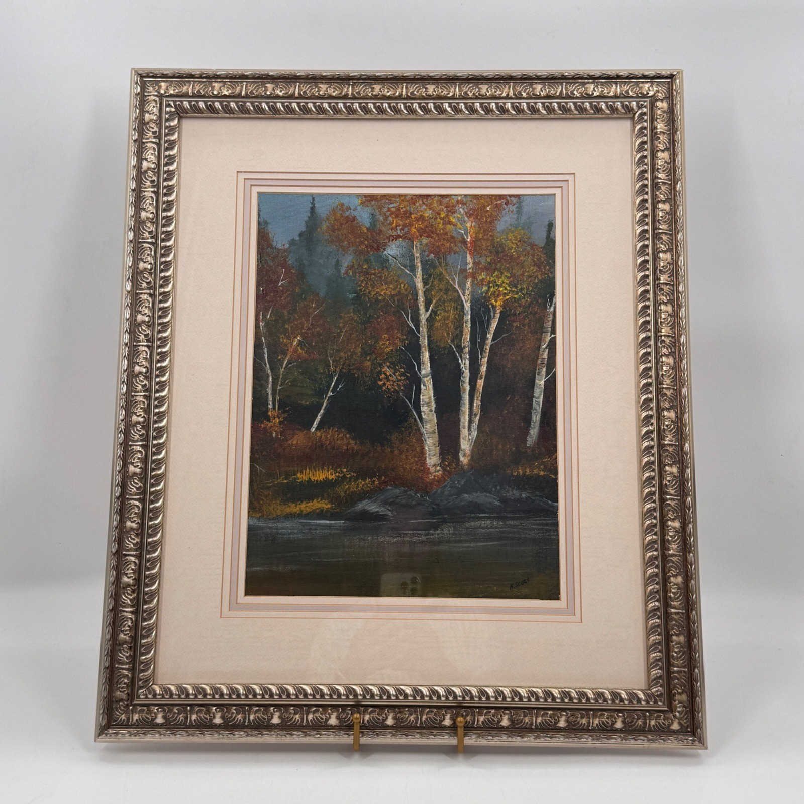 Vintage Autumn Birch Tree Landscape Painting Signed K Scott Framed 25×21