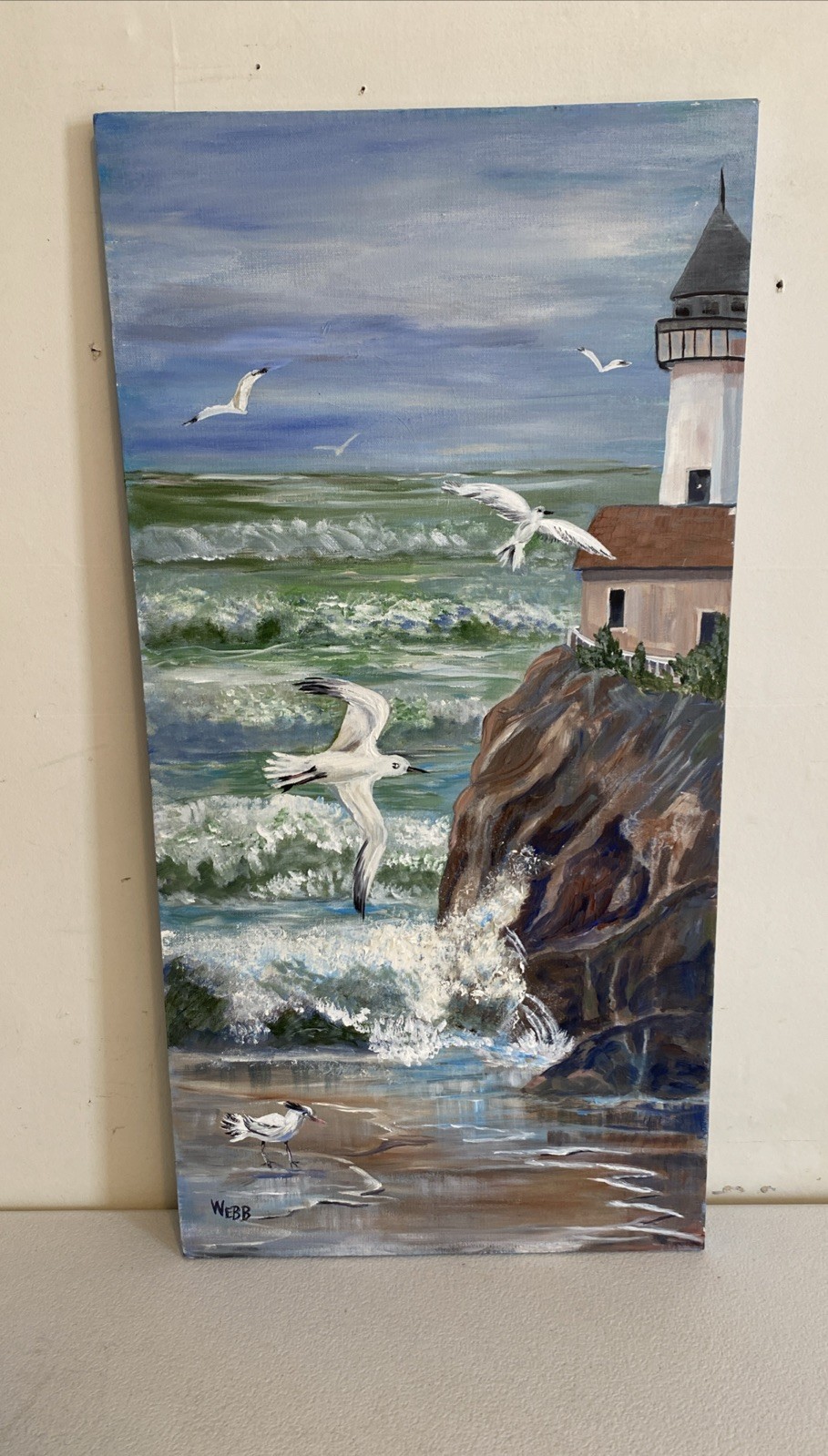 Seascape Lighthouse Acrylic Painting Signed WEBB Waves Crashing Rock Seagulls