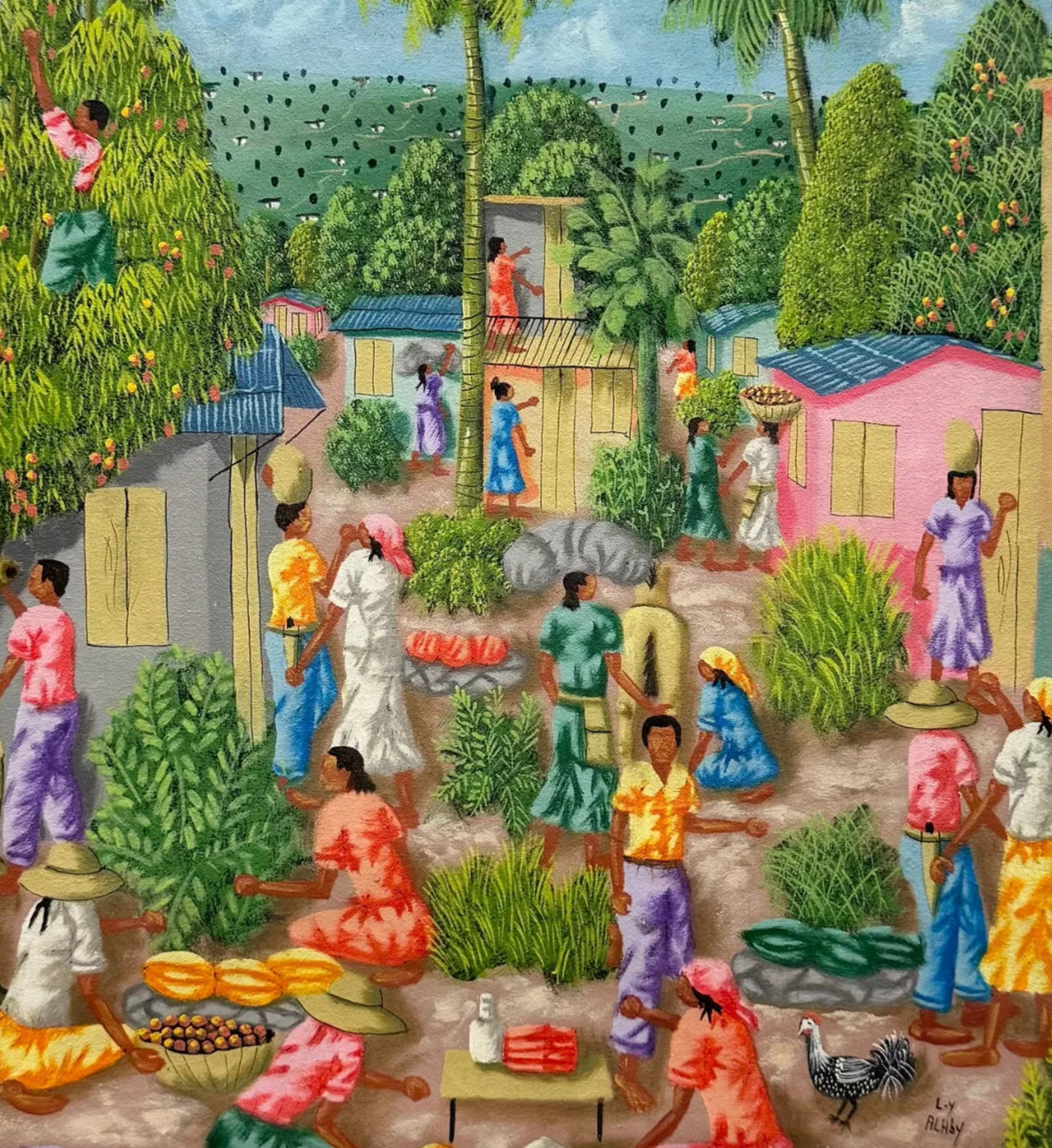 ORIGINAL HAITIAN ART PAINTING BY YL ALABY MARKET VILLAGE INHABITANTS 24X20 In.