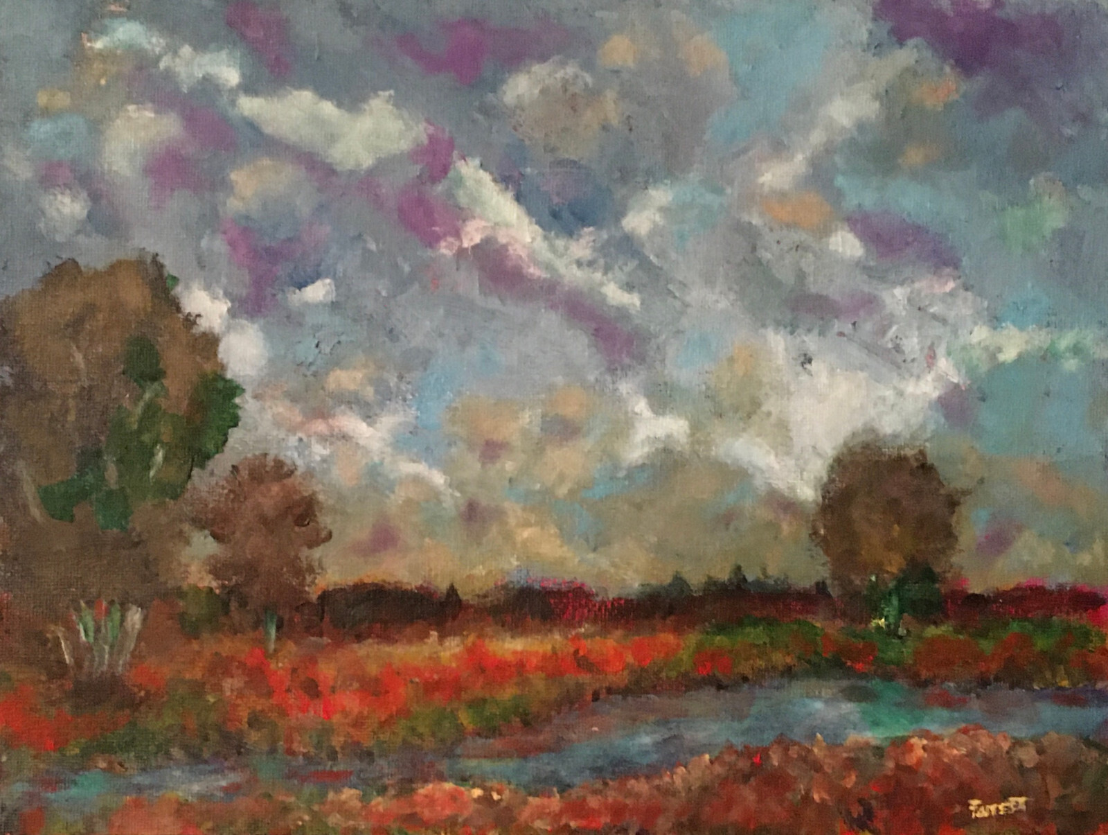 Stormy Sky Tree Landscape Field Stream Clouds Original 9×12 Acrylic Painting