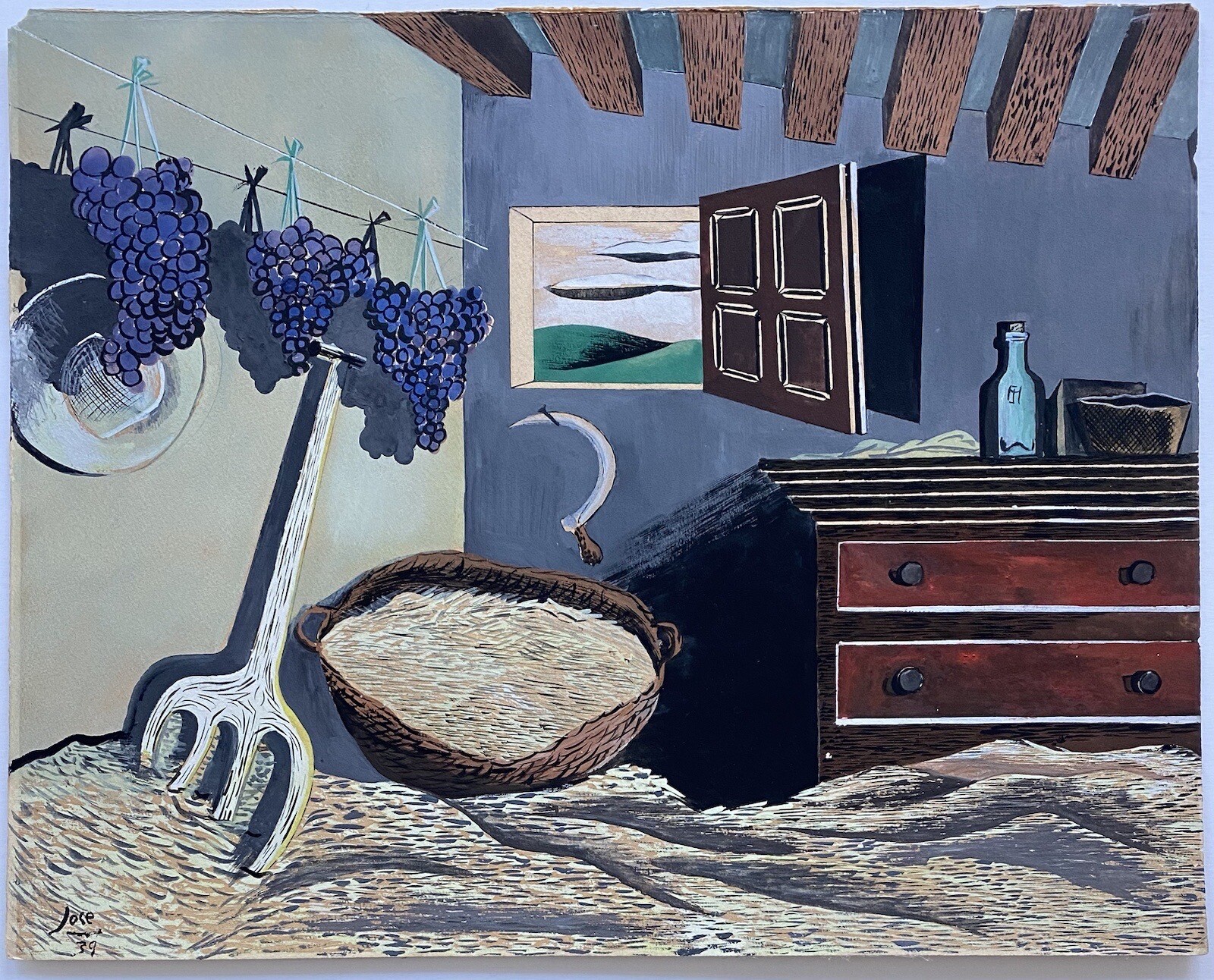 Jose Antique 30s Surrealism Modernism Farming Barn Still Life Landscape Painting
