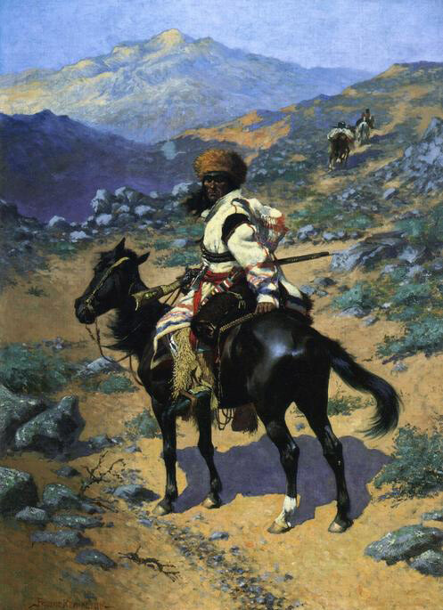 Oil painting Frederic-Remington A horseman Trapper man with horse in landscape