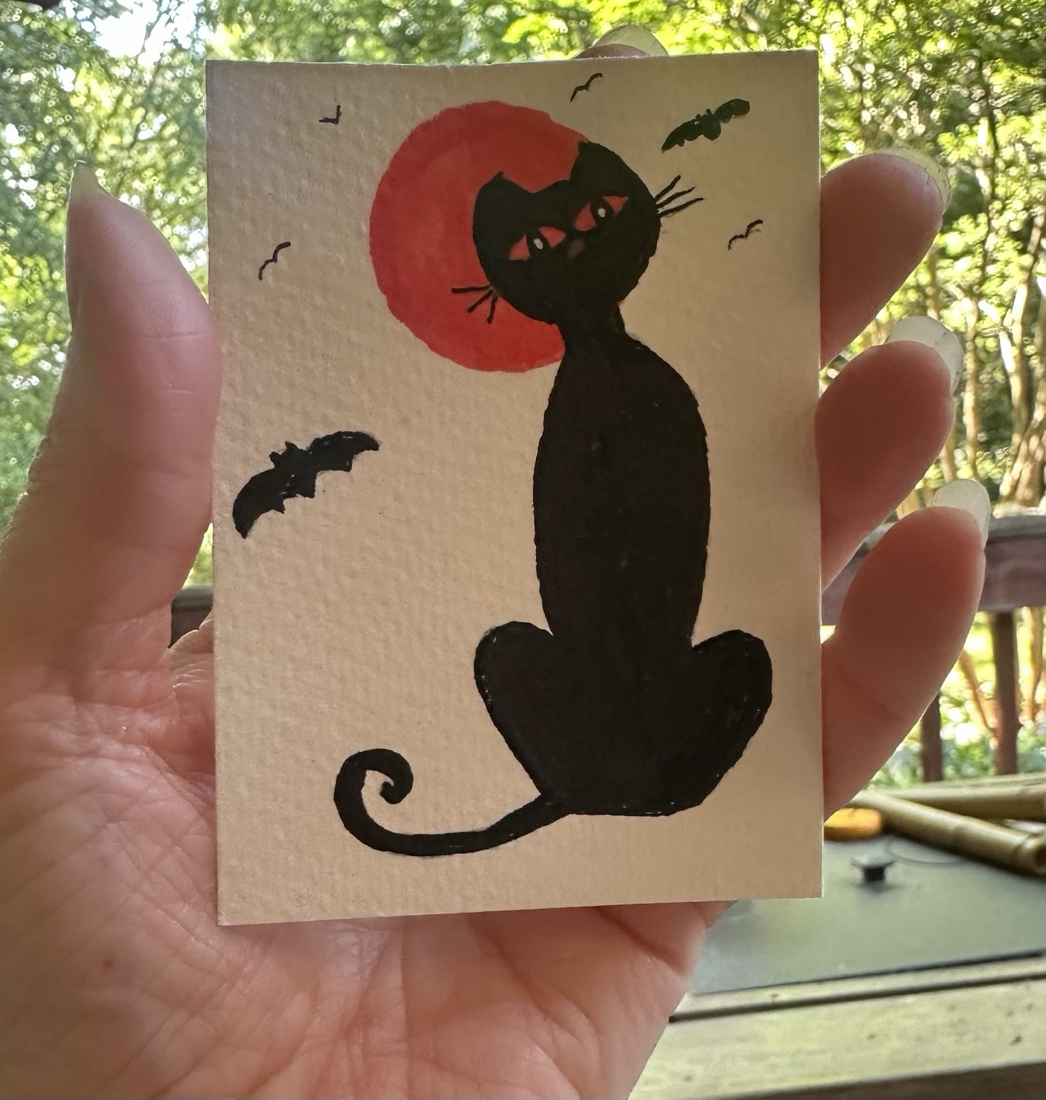 ACEO original Halloween black cat and an orange moon painting 2.5×3.5″